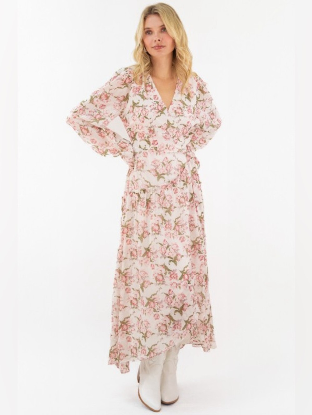 Romantic Pink Floral V-Neck Maxi Dress